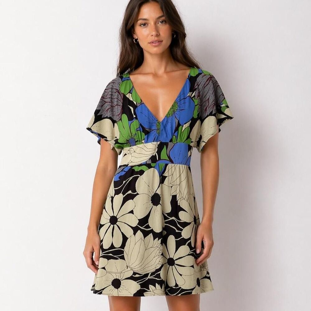 Tibi 100% Silk Mini Dress Size 2 Abstract Floral Empire Waist